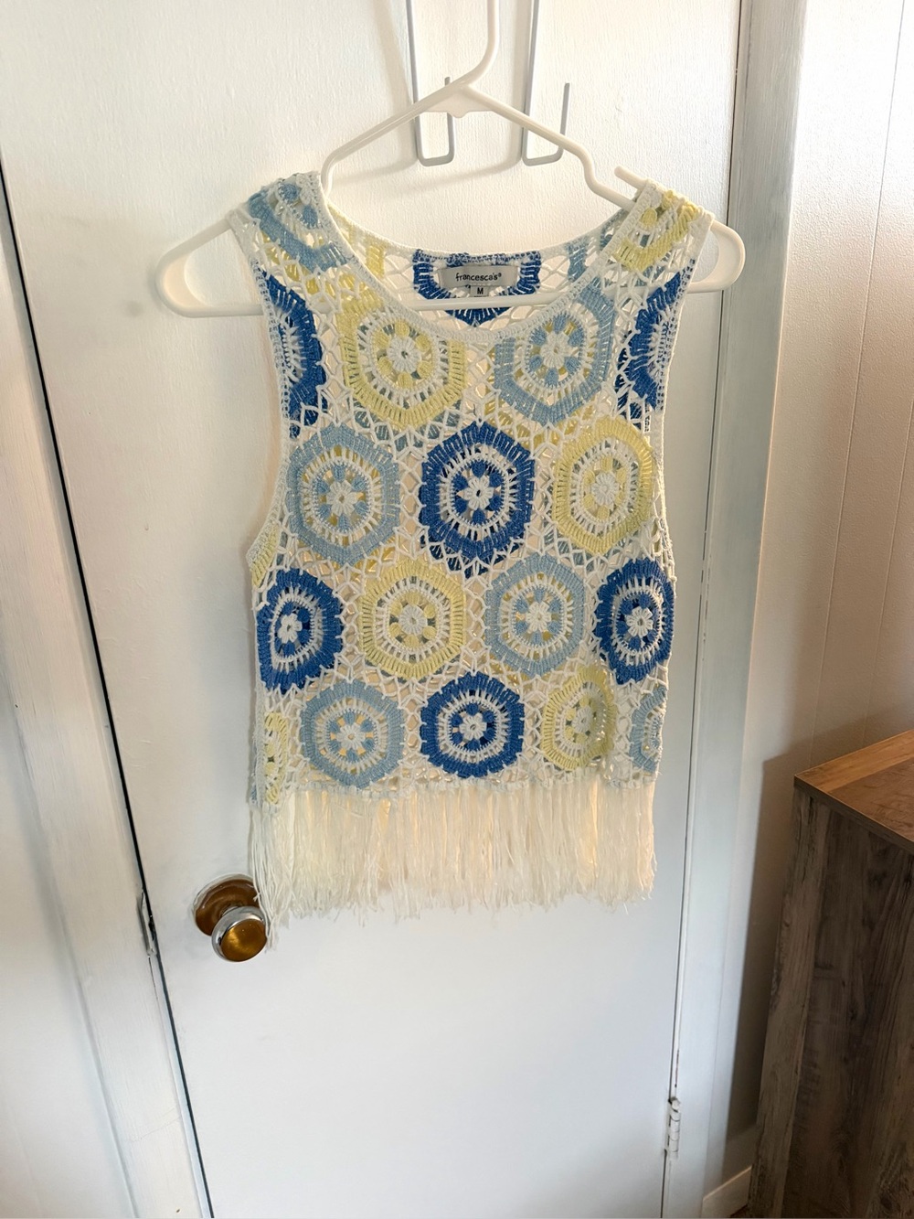Francesca's Crochet Fringe Tank Top in Blue, Yellow & White